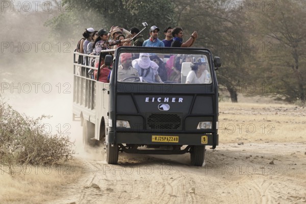 Ranthambhore Tiger Reserve, Sawai Madhopur, Kota, Rajasthan, North India, Asia, Safari vehicle full of people, driving through dusty terrain, India