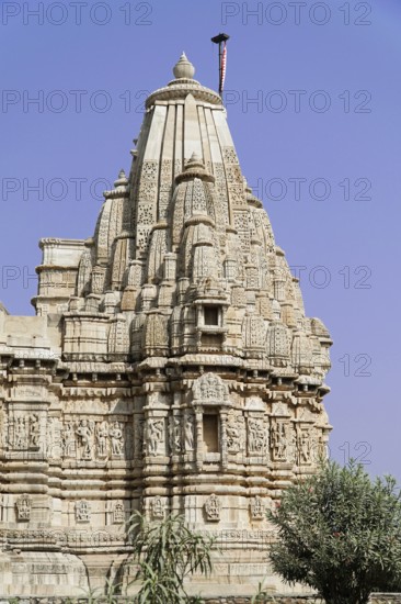 Kota, Rajasthan, North India, Asia, Detailed view of an ornate stone temple tower in India, India