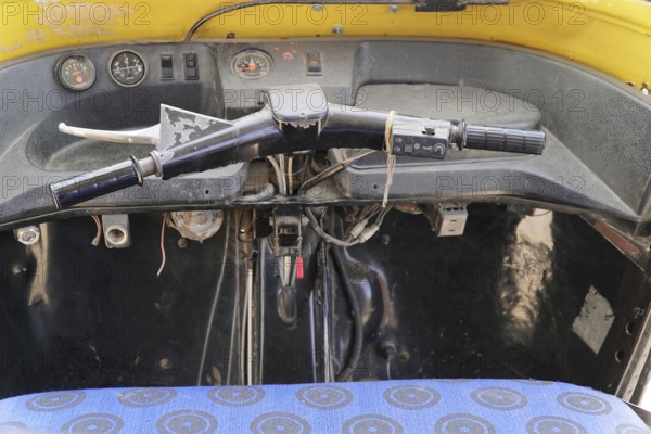 Kota, Rajasthan, North India, Asia, Interior view of an old vehicle with view of steering wheel and instruments, India