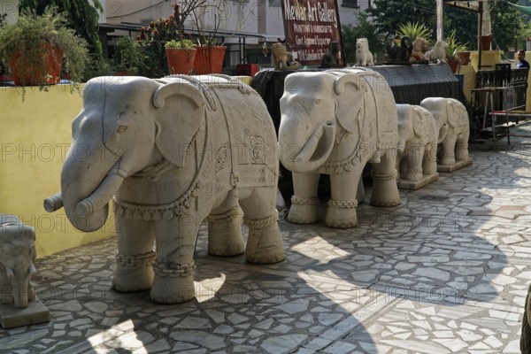 Udaipur, Rajasthan, North India, India, Asia, Row of stone elephant sculptures in an art gallery in daylight