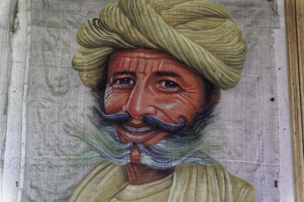 Painting, Sale, Souvenir, Udaipur, Rajasthan, India, Asia, Portrait painting of a man with smiling expression, turban and moustache, North India