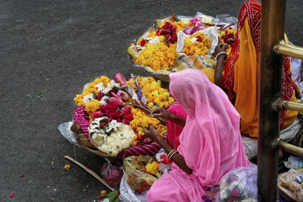 Udaipur, Rajasthan, North India, Asia, Women selling colourful flowers at a market in India, atmosphere full of life