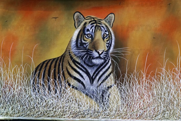 Painting, Sale, Souvenir, Udaipur, Rajasthan, India, Asia, Painting of a tiger in a savannah at sunset, surrounded by tall grasses, North India