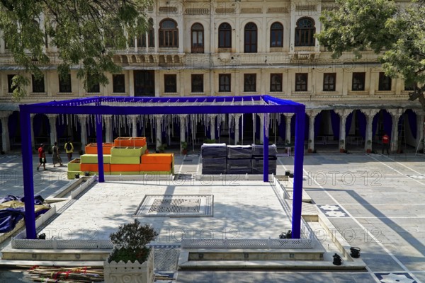Udaipur, Rajasthan, North India, Asia, courtyard with decorative set-up and preparations for an event or ceremony