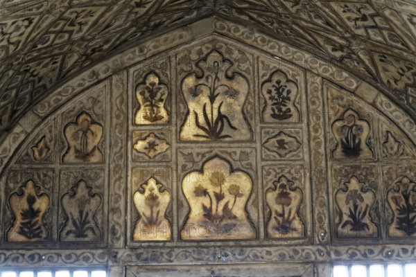 Red Fort, Agra, Uttar Pradesh, India, Floral patterns and ornate decoration in a historic building with intricate details, Jodhpur, Rajasthan, North India