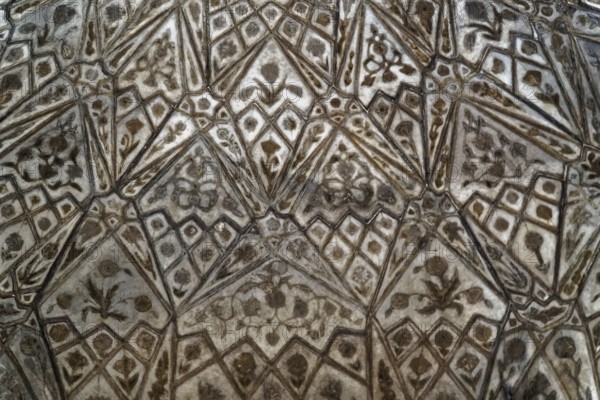 Red Fort, Agra, Uttar Pradesh, India, Artfully decorated patterns and details on a symmetrical historic stone surface, Jodhpur, Rajasthan, North India