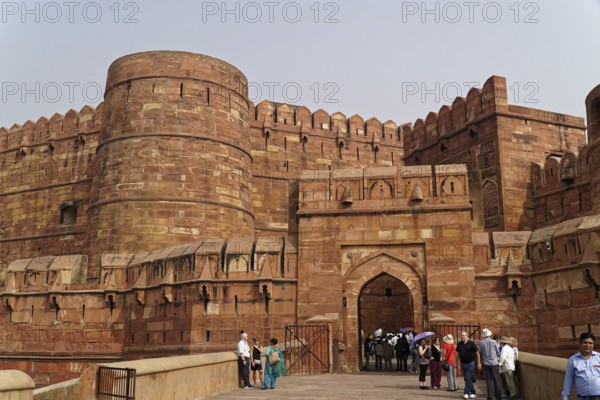 Red Fort, Agra, Uttar Pradesh, India, Historic fortress gate with visitors and battlements, Jodhpur, Rajasthan, North India