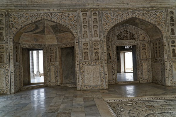 Red Fort, Agra, Uttar Pradesh, India, Historic interior with arches and richly decorated marble walls full of detail, Jodhpur, Rajasthan, North India