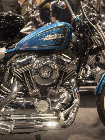 Vintage motorbike tank in blue metallic with chrome details, dortmund, deutchland