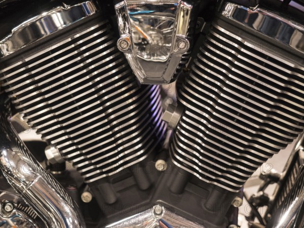Close-up of a chrome-plated motorbike engine cylinder, Dortmund, Germany