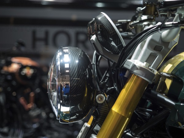 Modern headlights on a motorbike with gold accents and carbon elements, dortmund, deutchland
