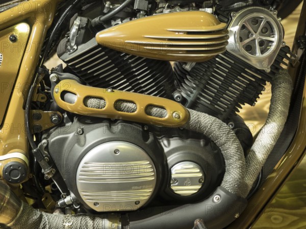 Detail of the motorbike engine with cylinders and in gold-coloured design, dortmund, deutchland