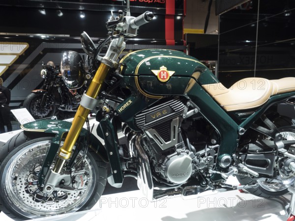 Modern motorbike model with VR6 engine, black finish and leather seat on a platform, dortmund, deutchland