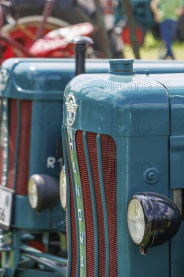 Close-up of a blue Hanomag tractor with retro atmosphere, südlohn, westphalia, germany