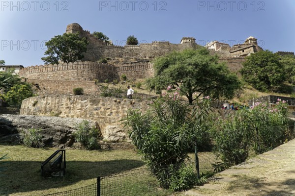 Spacious historical fortifications in a green, sunny landscape, Ranakpur, Jodhpur, Rajasthan, North India