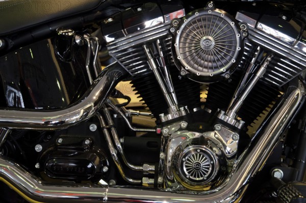 Detailed view of a shiny Harley-Davidson motorbike engine, impressive mechanical workmanship, dortmund, germany