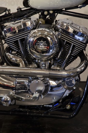 Close-up of a shiny motorbike engine in chrome look, dortmund, germany