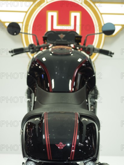 Black retro motorbike with stylised background, dortmund, germany