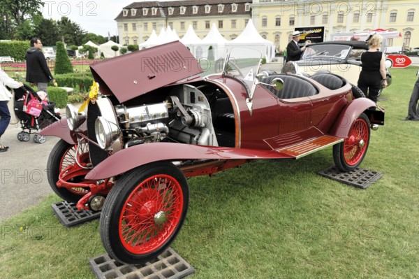 Bugatti Type 23, built in 1925, classic car, open bonnet of a red classic car in an exhibition, classic design, Retro Classics meets Baroque, Ludwigsburg, Baden-Württemberg, Germany