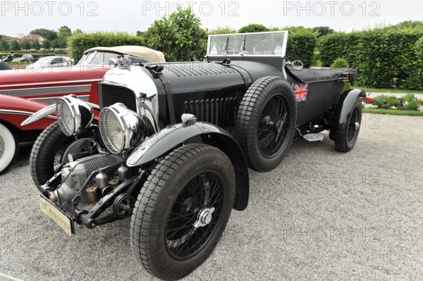 Bentley Van den Plas 4, 5 litre, Blower, year of construction 1927, classic car, black classic car with British flag, impressive vintage design on gravel, Retro Classics meets Baroque, Ludwigsburg, Baden-Württemberg, Germany