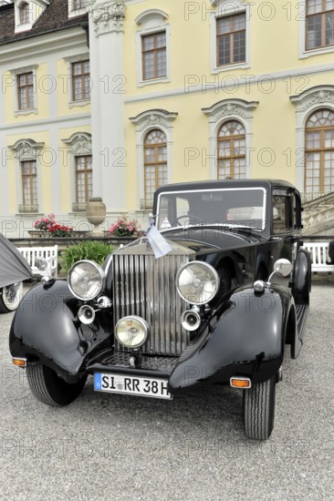 Black classic limousine-style vintage car against a historical backdrop, Retro Classics meets Baroque, Ludwigsburg, Baden-Württemberg, Germany