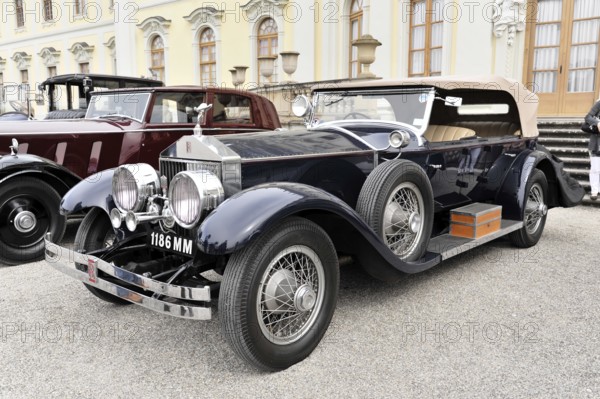 Elegant black convertible classic car in front of a historic building, Retro Classics meets Baroque, Ludwigsburg, Baden-Württemberg, Germany