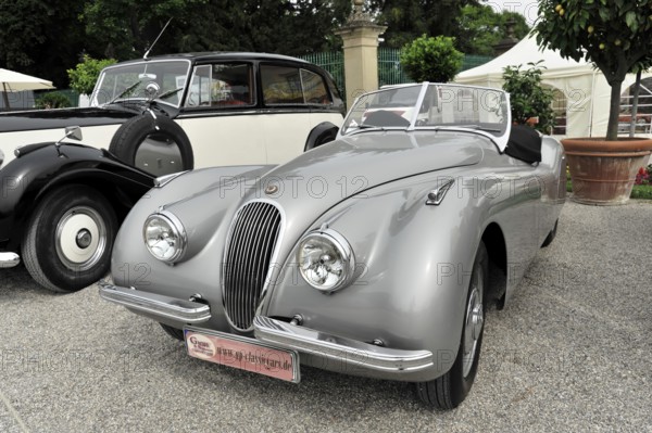 Grey Jaguar convertible with curved lines and elegant classic car style, Retro Classics meets Baroque, Ludwigsburg, Baden-Württemberg, Germany