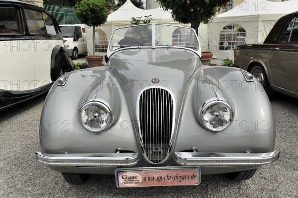 Grey Jaguar convertible with elegant front and classic vintage car charm, Retro Classics meets Baroque, Ludwigsburg, Baden-Württemberg, Germany