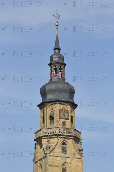 Late Gothic church tower of the Church of the Assumption of the Virgin Mary, Bad Königshofen, Rhön, Lower Franconia, Franconia, Bavaria, Germany