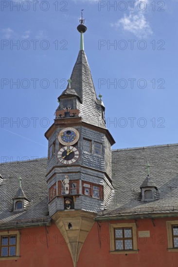 Lancet turret with astronomical clock and heraldic animal of town hall, roof, building, landmark, figures, moon clock, animal figures, ox figure, detail, New Town Hall, Ochsenfurt, Lower Franconia, Franconia, Bavaria, Germany