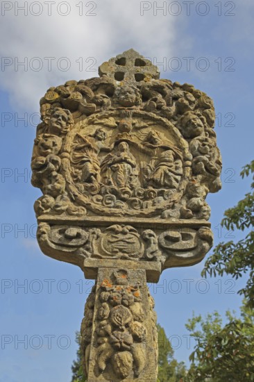 Historic baker's wayside shrine from 1696, date, decoration, relief, coronation of the Virgin Mary, coronation, Mary, Ochsenfurt, Lower Franconia, Franconia, Bavaria, Germany