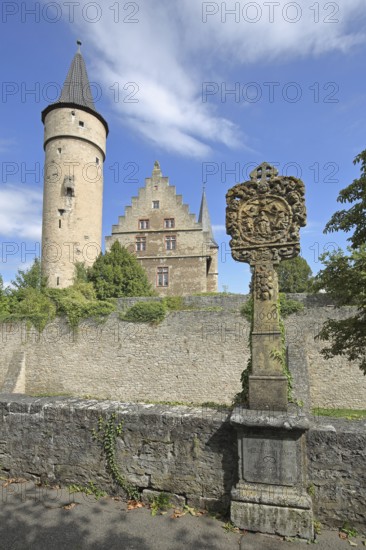 Cathedral chapter palatium, St Nicholas' Tower, historic wayside shrine from 1697 with crowning of the Virgin Mary, town wall, town fortifications, Ochsenfurt, Lower Franconia, Franconia, Bavaria, Germany