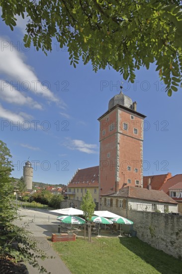 Historic Klingentor gate built in 1307 and town wall, dovecote tower, town fortification, town gate, town tower, Klingentor tower, Ochsenfurt, Lower Franconia, Franconia, Bavaria, Germany
