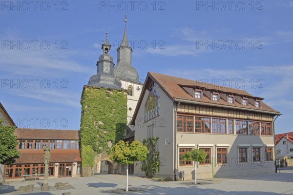 Late Gothic gate tower and church tower, modern building, market square, Saal an der Saale, Lower Franconia, Franconia, Bavaria, Germany