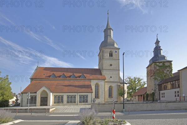 Late Gothic Holy Trinity Church and late Gothic gate tower, Saal an der Saale, Lower Franconia, Franconia, Bavaria, Germany
