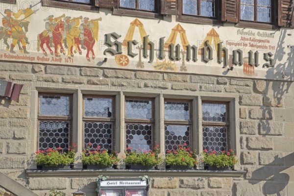 Wall painting on the history of the town at the entry of Swedish King Gustav II Adolf, Swedish, king, handicraft, art, inscription, window, hotel, restaurant, Schlundhaus, detail, market square, Bad Königshofen, Rhön, Lower Franconia, Franconia, Bavaria, Germany