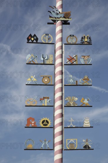 Guild pole with symbols for historical professions, pole with guild sign, craftsman, craft, maypole, free-standing, market square, Bad Königshofen, Rhön, Lower Franconia, Franconia, Bavaria, Germany