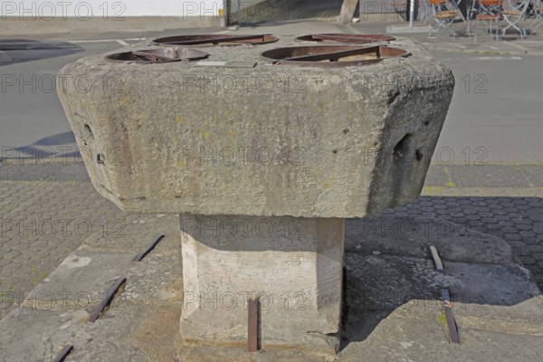 Historic grain stone from 1525, calibration measure for grain, calibration of grain, measure for measuring volume, calibration of grain, calibrate, market square, Bad Königshofen, Rhön, Lower Franconia, Franconia, Bavaria, Germany