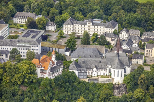 Aerial view, labour court Arnsberg, on the left senior citizens' residential park Klosterstraße, catholic provost church St. Laurentius half-timbered house, Arnsberg, Ruhr area, North Rhine-Westphalia, Germany, retirement home, old people's home, retirement home, place of worship, care and nursing, DE, Europe, court, religious community, place of worship, holy place, church, parish, denomination, aerial view, aerial photography, aerial photography, care facility, religion, religious site, retirement home, retirement residence, retirement home, retirement centre, overview, bird's eye view, birds-eyes view, overview