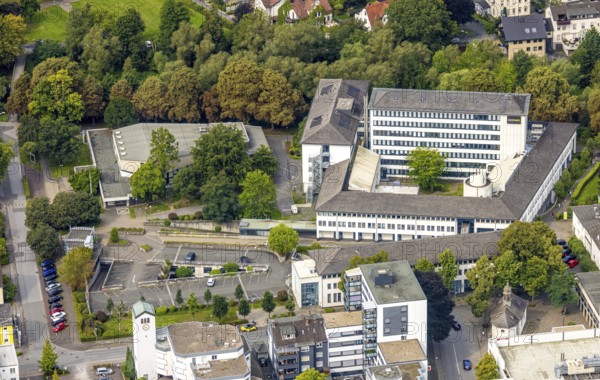 Aerial view, Westnetz GmbH Regional Centre Electricity Supply Company, left the Sauerland Theatre, Arnsberg, Ruhr area, North Rhine-Westphalia, Germany, DE, energy supplier, Europe, events, culture, art, aerial view, aerial photography, aerial photography, electricity supply company, theatre, overview, venue, event location, bird's eye view, birds-eyes view, cultural use, overview