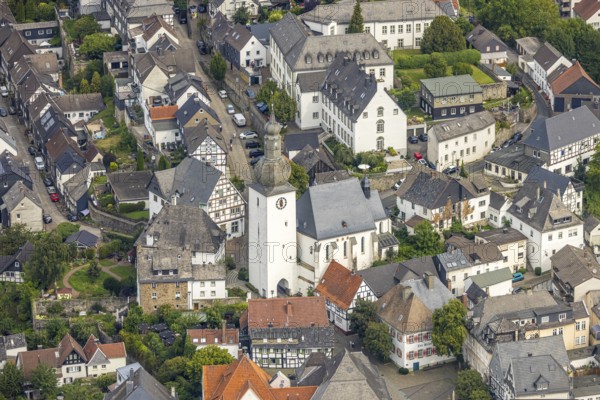 Aerial view, Alter Markt street with bell tower, historical sight, St. George's Chapel, Arnsberg, Ruhr area, North Rhine-Westphalia, Germany, place of worship, DE, Europe, religious community, place of worship, holy place, church, parish, denomination, aerial view, aerial photography, aerial photography, religion, religious site, sight, tower, overview, bird's-eye view, overview