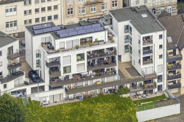 Aerial view, multi-storey residential building and balconies, Bömerstraße, Arnsberg, Ruhr area, North Rhine-Westphalia, Germany, DE, Europe, aerial view, aerial photography, aerial photography, overview, bird's eye view, birds-eyes view, overview