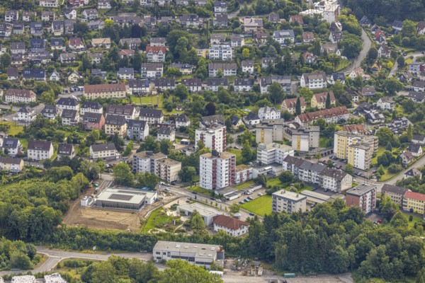 Aerial view, high-rise housing estate Lasmecke, below construction site with new swimming pool with school pool and club pool, Städt. Kita Kleine Strolche, Auf der Alm, Arnsberg, Ruhr, North Rhine-Westphalia, Germany, DE, Europe, aerial view, aerial photography, aerial photography, Ruhr area, overview, bird's-eye view, birds-eyes view, overview