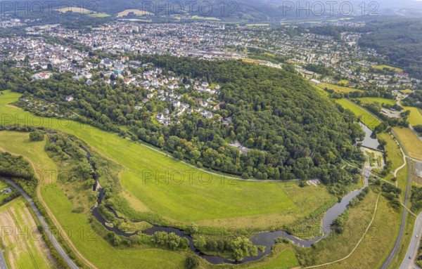Aerial view, old town with river Ruhr Ruhrbogen at the forest area Eichholz, weir and camel bridge at the river Ruhr Ruhraue, distant view and Arnsberg forest, Arnsberg, Ruhr area, North Rhine-Westphalia, Germany, DE, Europe, property tax, real estate, aerial view, aerial photography, aerial photography, overview, bird's eye view, forest, forest area, residential area, living and living, residential area, residential quality, residential neighbourhood, residential estate, residential area, birds-eyes view, overview