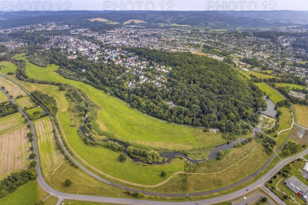 Aerial view, old town with river Ruhr Ruhrbogen at the forest area Eichholz, weir and camel bridge at the river Ruhr Ruhraue, distant view and Arnsberg forest, Arnsberg, Ruhr area, North Rhine-Westphalia, Germany, DE, Europe, property tax, real estate, aerial view, aerial photography, aerial photography, overview, bird's eye view, forest, forest area, residential area, living and living, residential area, residential quality, residential neighbourhood, residential estate, residential area, birds-eyes view, overview