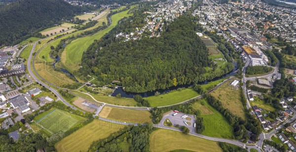 Aerial view, old town with river Ruhr Ruhrbogen at forest area Eichholz, weir and camel bridge at river Ruhr Ruhraue, truck parking, Arnsberg, Ruhr area, North Rhine-Westphalia, Germany, DE, Europe, property tax, real estate, aerial view, aerial photography, aerial photography, overview, bird's eye view, forest, forest area, residential area, housing and living, residential area, quality of living, residential area, housing estate, residential district, birds-eyes view, overview