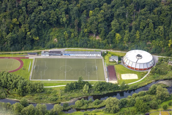 Aerial view, football stadium sports centre Eichholz with round sports hall, Arnsberg, Ruhr area, North Rhine-Westphalia, Germany, DE, Europe, football pitch, football stadium, football club, aerial view, aerial photography, aerial photography, sports, sports facilities, sports field, sports facility, stadium, gym, overview, bird's eye view, birds-eyes view, overview