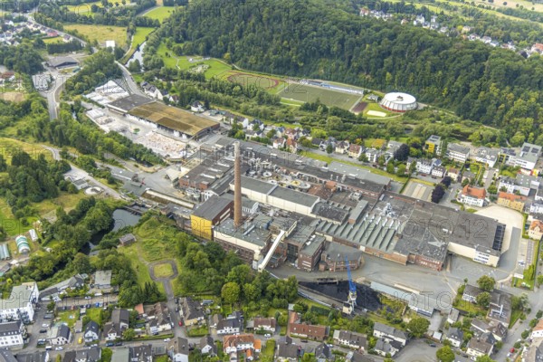 Aerial view, R.D.M. Arnsberg GmbH Papierfabrik Reno de Medici, Recycling-Karton location, above Eichholz sports centre with round sports hall football stadium, Arnsberg, Ruhr area, North Rhine-Westphalia, Germany, DE, Europe, football pitch, football stadium, football club, commercial enterprises, commercial area, commercial area, commercial property, commercial site, commercial use, industrial area, industrial site, aerial view, aerial photography, aerial photography, RDM paper mill, sports, sports facilities, sports field, sports venue, stadium, overview, bird's eye view, birds-eyes view, overview