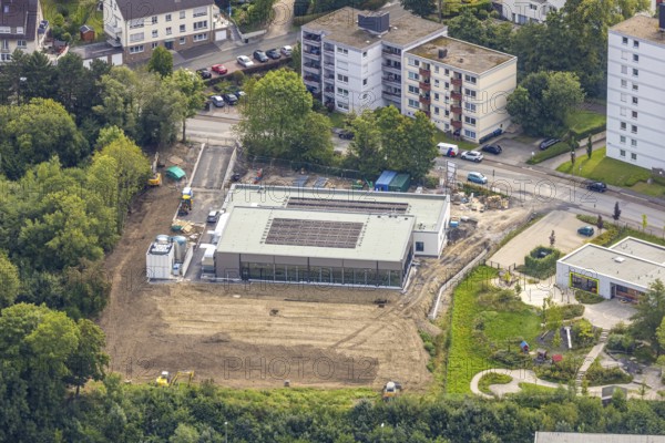 Aerial view, construction site with new swimming pool, school and club pool, Auf der Alm, Lasmecke, Arnsberg, Ruhr area, North Rhine-Westphalia, Germany, bathing establishment, bathing resort, DE, Europe, leisure activities, indoor swimming pool, aerial view, aerial photography, aerial photography, swimming pool, overview, bird's-eye view, overview