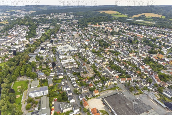 Aerial view, city centre view with district government and high-rise building, distant view, Arnsberg, Ruhr area, North Rhine-Westphalia, Germany, City, DE, Europe, city centre view, aerial view, aerial photography, aerial photography, townscape, town hall, town centre, city administration, city centre, overview, bird's eye view, birds-eyes view, overview